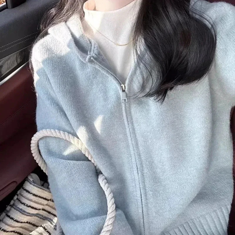 

Milk Fufu Lazy Blue Double Zipper Hooded Knitted Cardigan Women's Autumn and Winter Design Sense Short Sweater Jacket