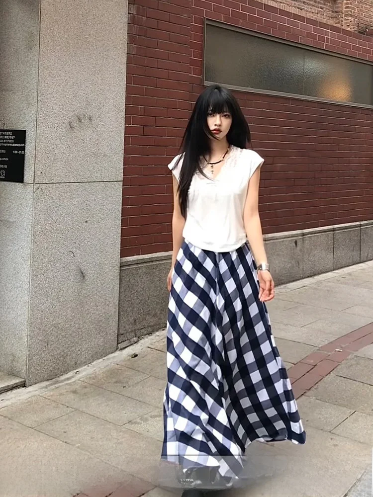

High Waist Plaid A-Line Midi Skirt Women's Summer 2026 New Sle Retro Personali Elastic Waist f-length Skirt
