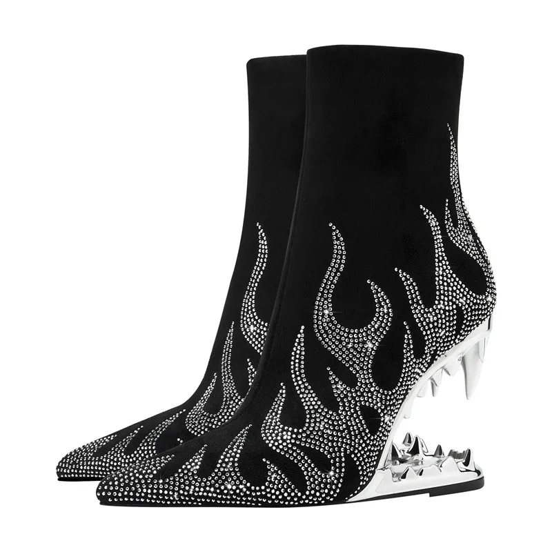 New Black Silver Spring Ankle Boots Tiger Tooth with Crystal Special Heels Flame Short Boots Breathable Elegant Women Shoes