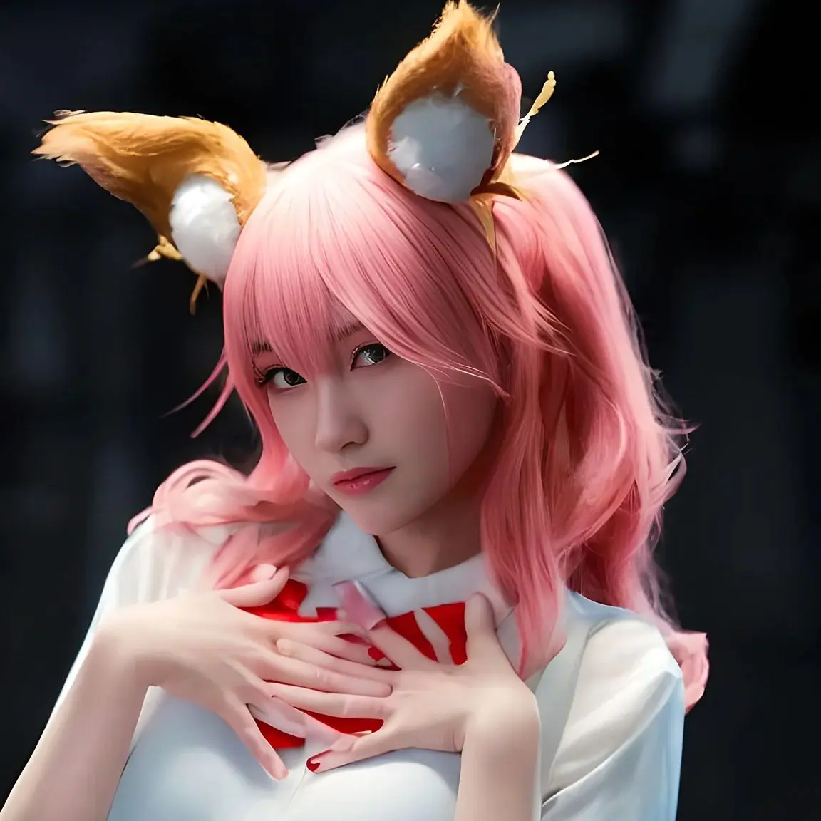 

Игра FGO fate Tamamo no Mae Косплей Парик 60 СМ Дымчатый розовый двойной хвост Длинные волосы Синтетический парик + парик Кепка Парик для Хэллоуина