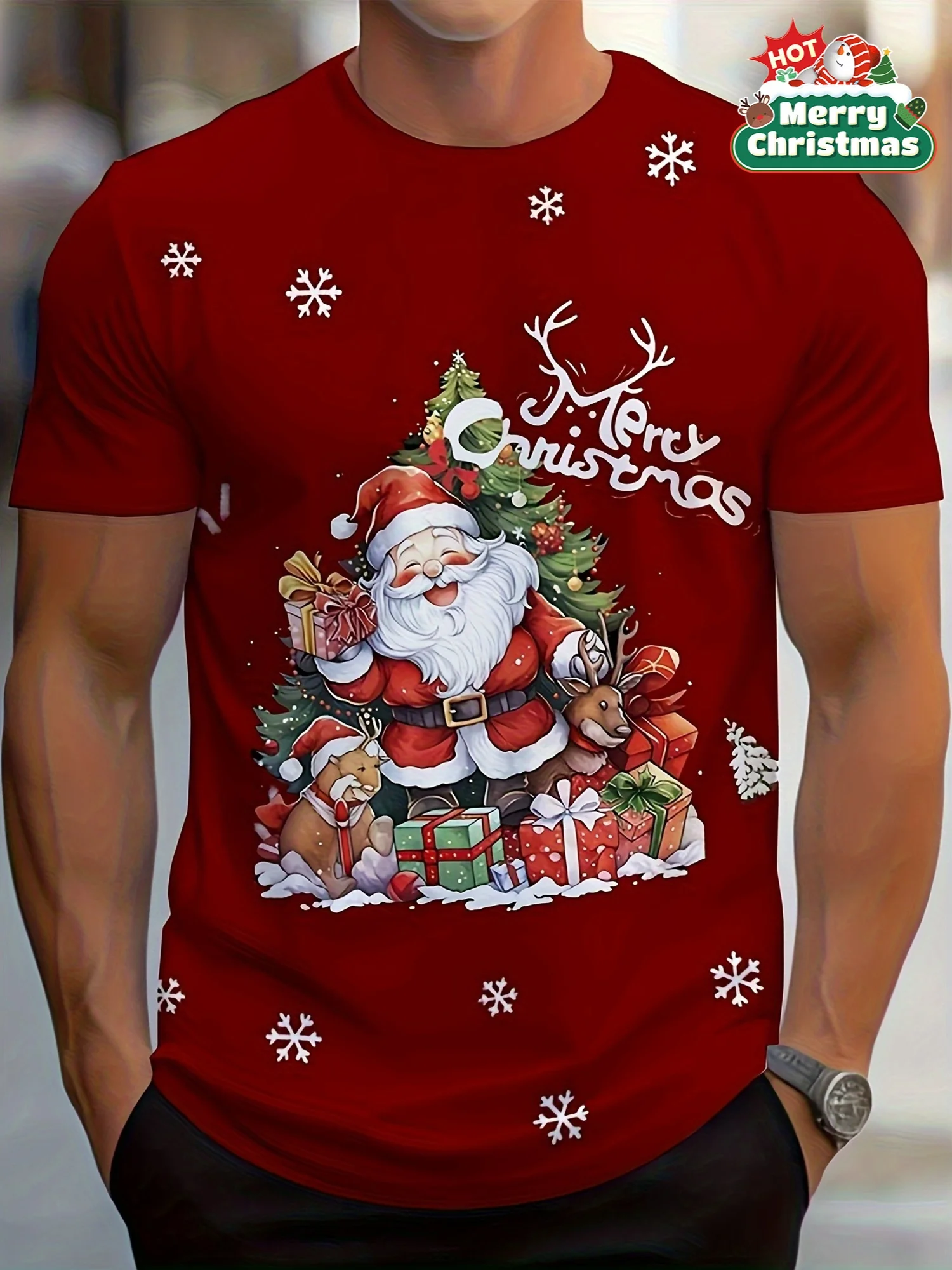 

3D Gradient Santa Claus Pattern Printed Men's T-shirt Outdoor Street Christmas Party Fashion Crew Neck Short Sleeve Men Clothing