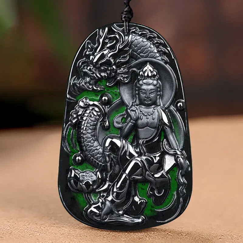 Chinese Natural Grade A Light Black Green Jadeite Dragon Kwan-yin Pendant