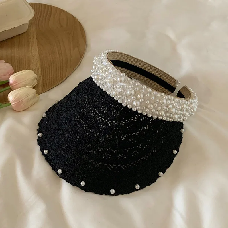 Lace Pearl Open Top Sun Hat UV Protection Breathable Wide Brim Shading Cap Ultraviolet Resistant Elegant Headwear Summer Outdoor 4