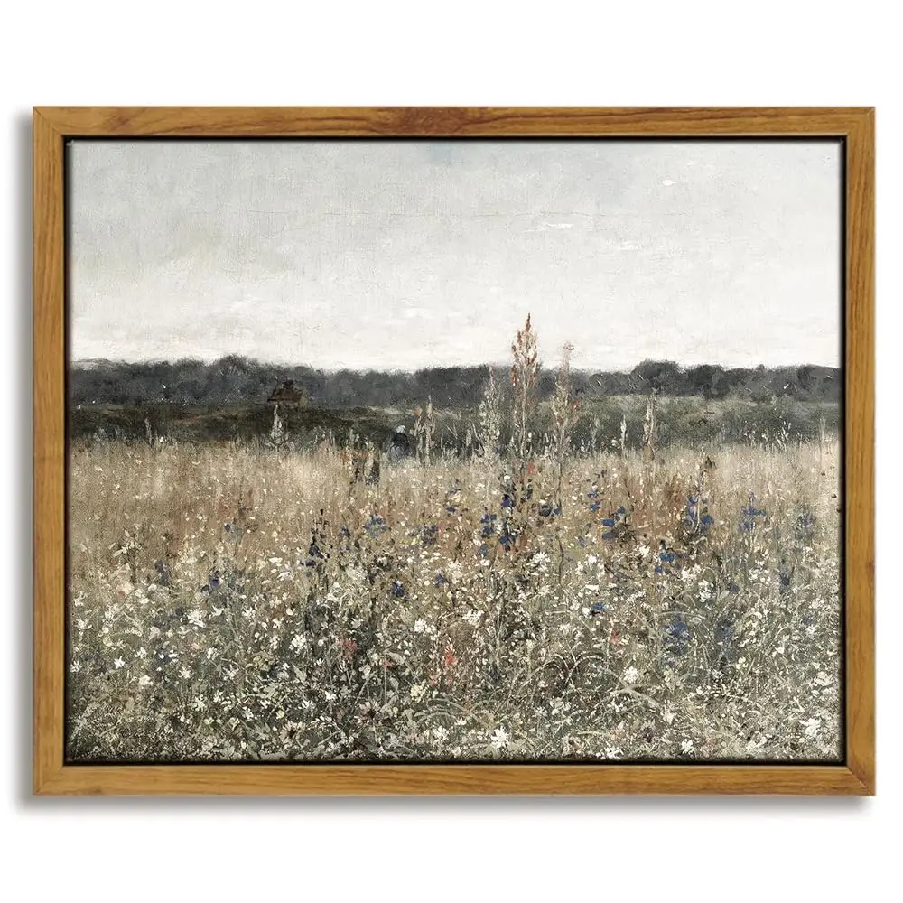 

Framed Canvas Wall Art Vintage Decor, Meadow With Flowers Painting Wall Art Prints, Landscape Wall Art For Living Room Decor
