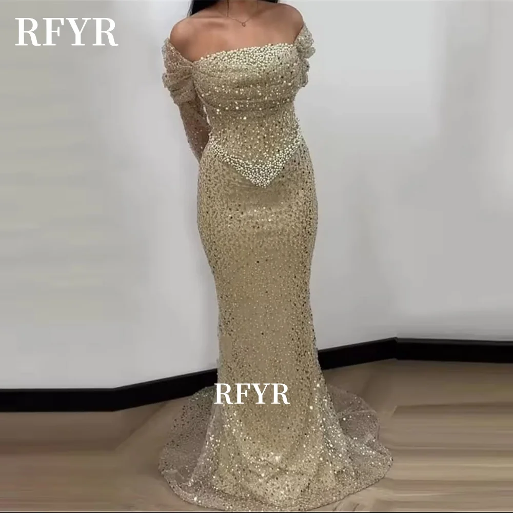 

RFYR Shiny Evening Dresses Glitter Prom Dress Off Shoulder Beaded Party Dress for Women with Pearls Arabic Women Prom Customized