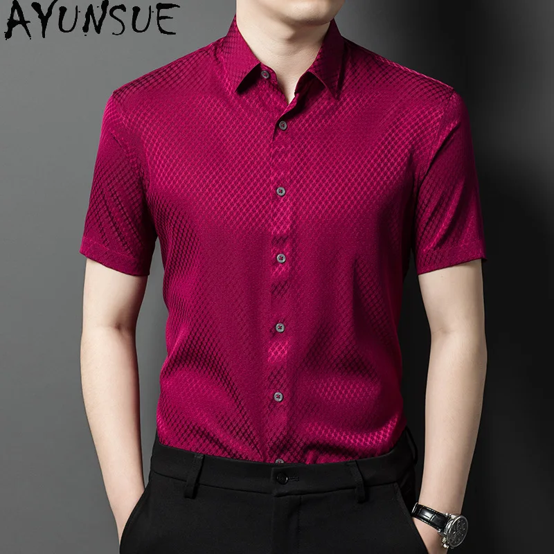 AYUNSUE 92% Mulberry Silk Shirts for Men Summer 2026 Casual Tops Fashion Short Sleeve Shirt Man Clothes Streetwear Chemise Homme