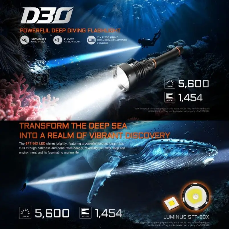 ACEBEAM D30 5600Lumens Rechargeable 100M Underwater Depth Flashlight 1454m Diving Lantern 3 Mode Scuba Dive Safety Light