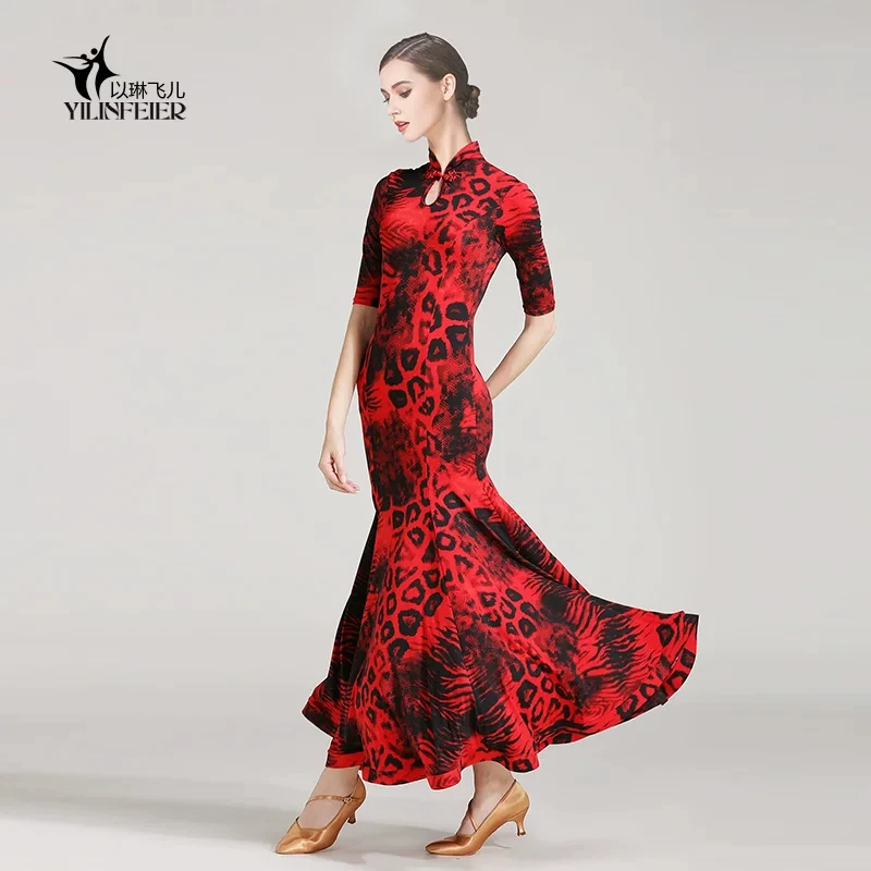 Stand collar elbow sleeve mermaid dance dress with red black leopard print,suitable for ballroom dance performance and competiti