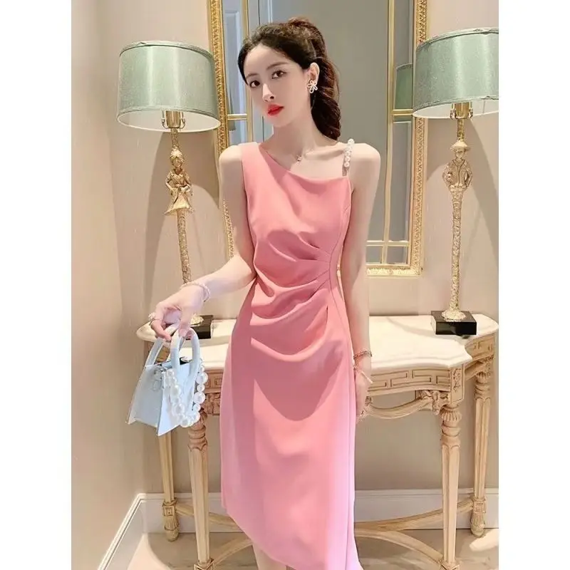 Women Summer Graceful Pearl Strap Diagonal Collar Midi Dress Korean Lady Sexy Slim Sleeveless Red Dresses 2024 Dinner Party Gown