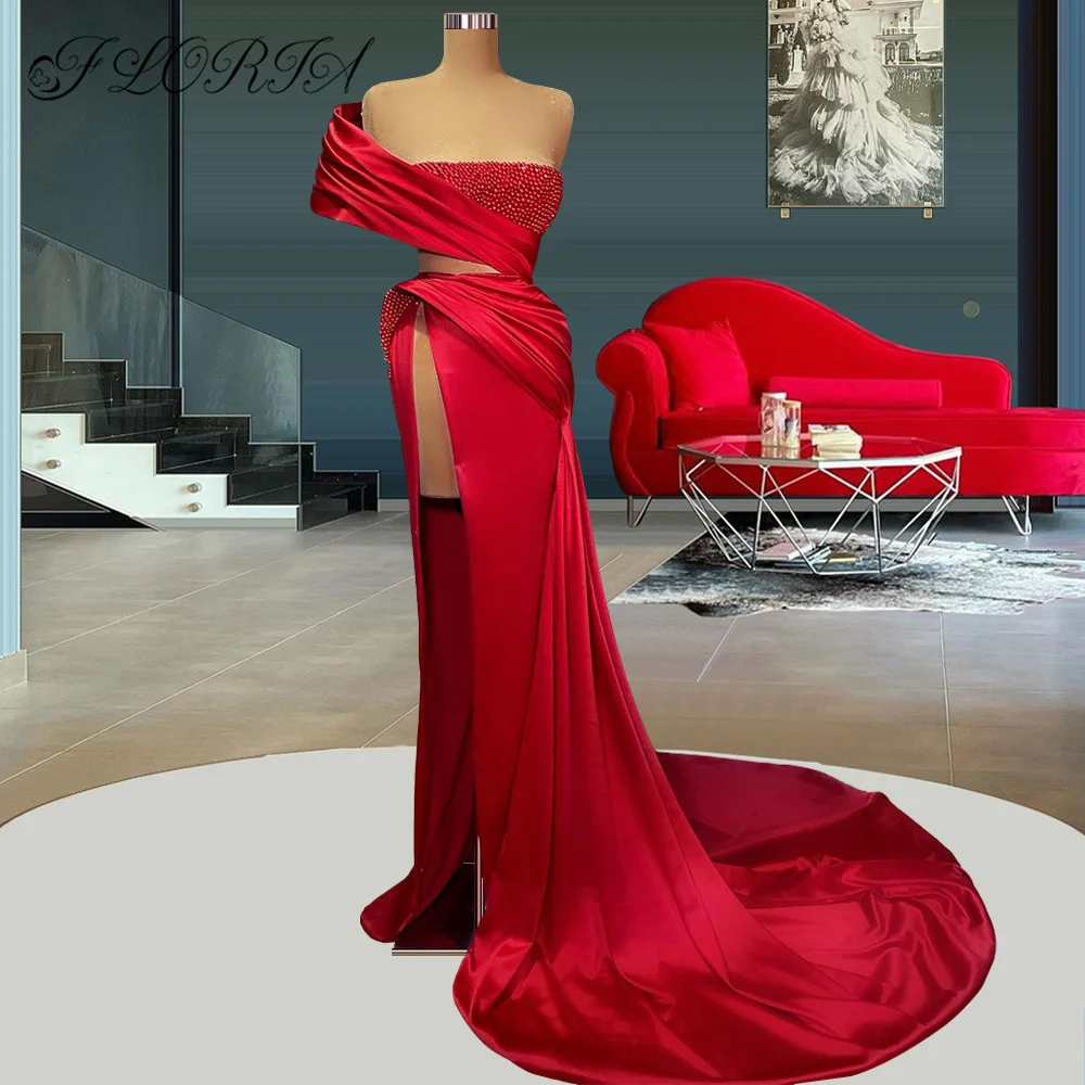 2022 Red Slit Mermaid Prom Party Gowns For Wedding Strapless Pearls Pleat Sweep Train Evening Dress Formal Satin Robes De Mariee