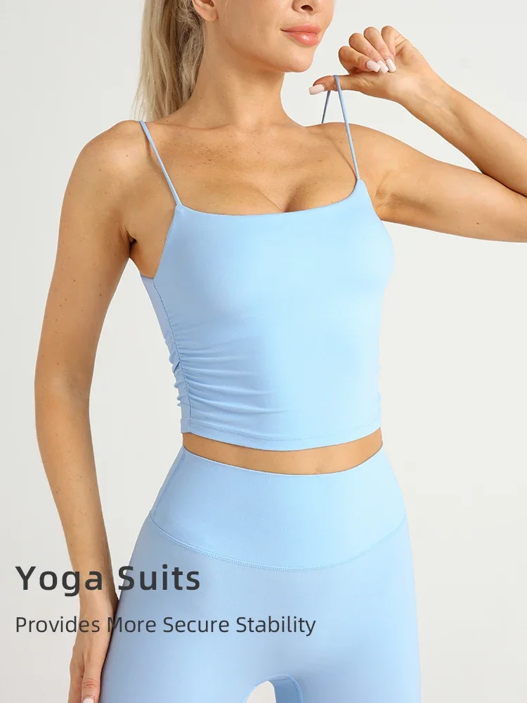 Summer Women Fashion Solid Color Suspender Tops Pleats Women Breathable Gym Push Up Workout Running Sports Yoga Clothing