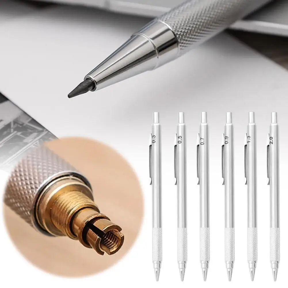 Metal Drawing Pencils 0.3/0.5/0.7/0.9/1.3/2.0mm Construction Drawing Pencil Machinery Automatic Pen Supplies Art Office Ske V5O5