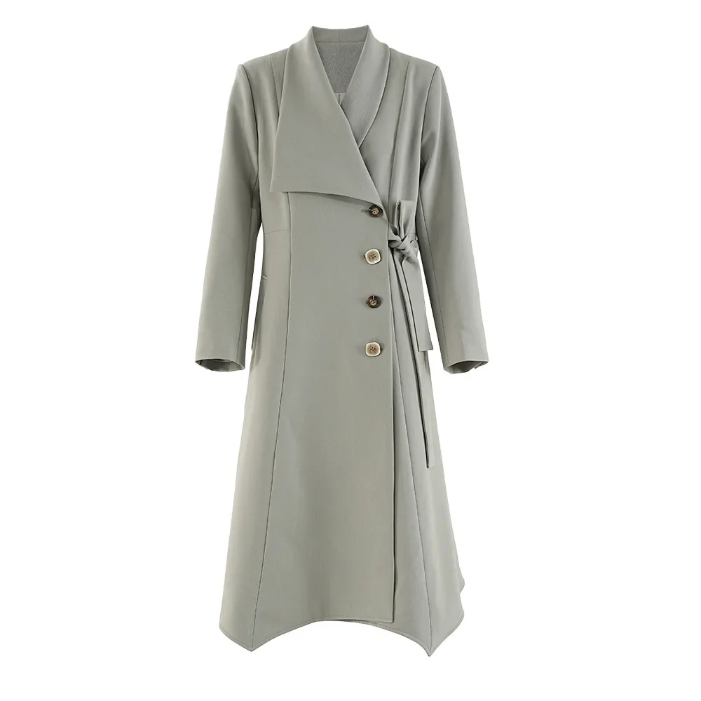 

2024 New Spring Autumn Women Trench Coat Irregular Long Single Breasted Trenchcoat Lapel Belt Elegant Windbreaker Long Sleeved