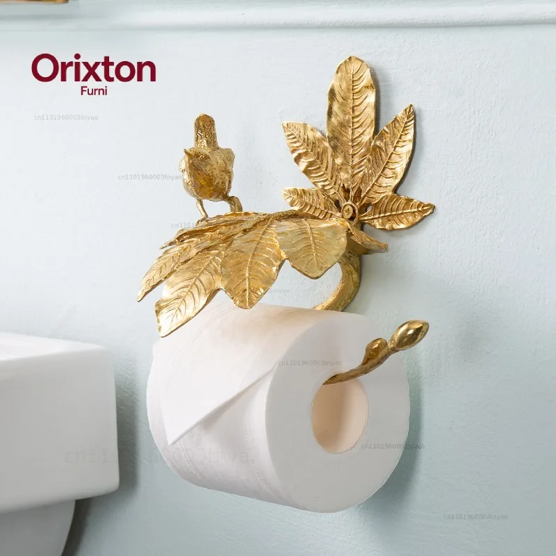 Solid Brass Luxury Toilet Paper Holder with Bird Design Retro Bathroom Tree Branch Wall-Mounted Tissue Roll Stand Home Decor
