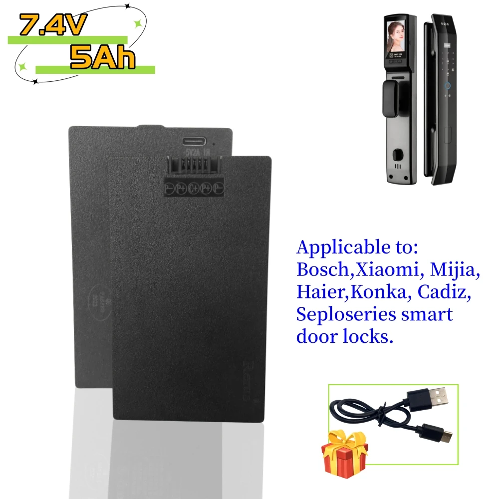 7.4V แบตเตอรี่ลิเธียมโพลิเมอร์สมาร์ทประตูล็อคแบตเตอรี่ 5000mAh สําหรับ Xiaomi Bosch Haier สมาร์ทลายนิ้วมือประตูล็อคส่งสายชาร์จ