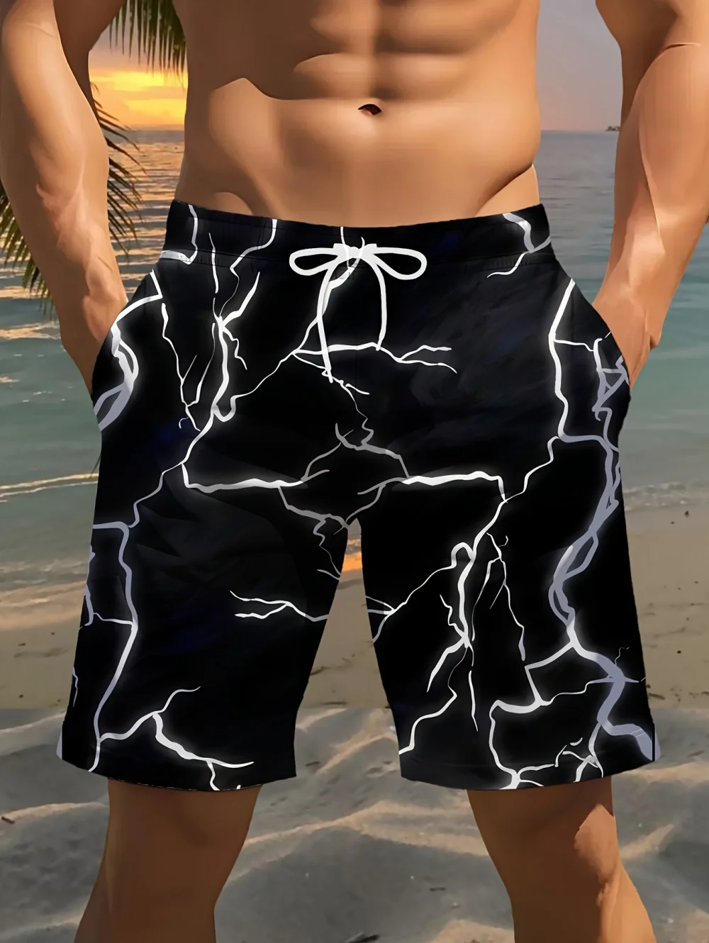 Colorful Lightning 3D Print Men's Beach Shorts Drawstring Waist Casual Loose Summer Swim Trunks Streetwear Short Pant