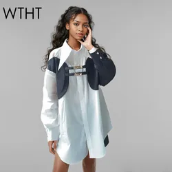 WTHT New  Fashion Women Contrast Color Off-shoulder Shirt 2025 Spring Lapel Long Sleeves Double Belt Design Blouse Female 1LS920