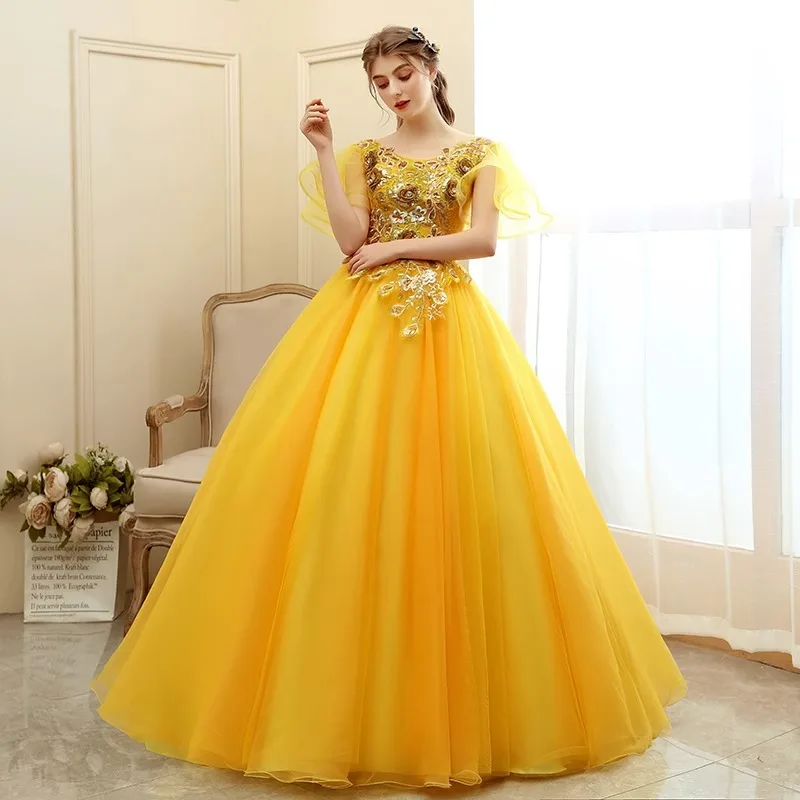 فستان سهرة ذهبي أنيق جديد للولائم الصيفية نمط طويل زهرة الجنية منفردة الفن امتحان الأداء فستان منتفخ تنورة موضوع الاستوديو #3