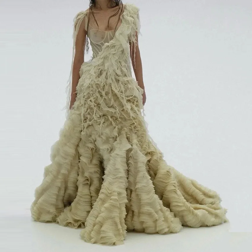 Lindos vestidos de baile com babados em camadas de tule vestido de baile sem mangas transparente fofo em camadas vestido de noite com cauda longa