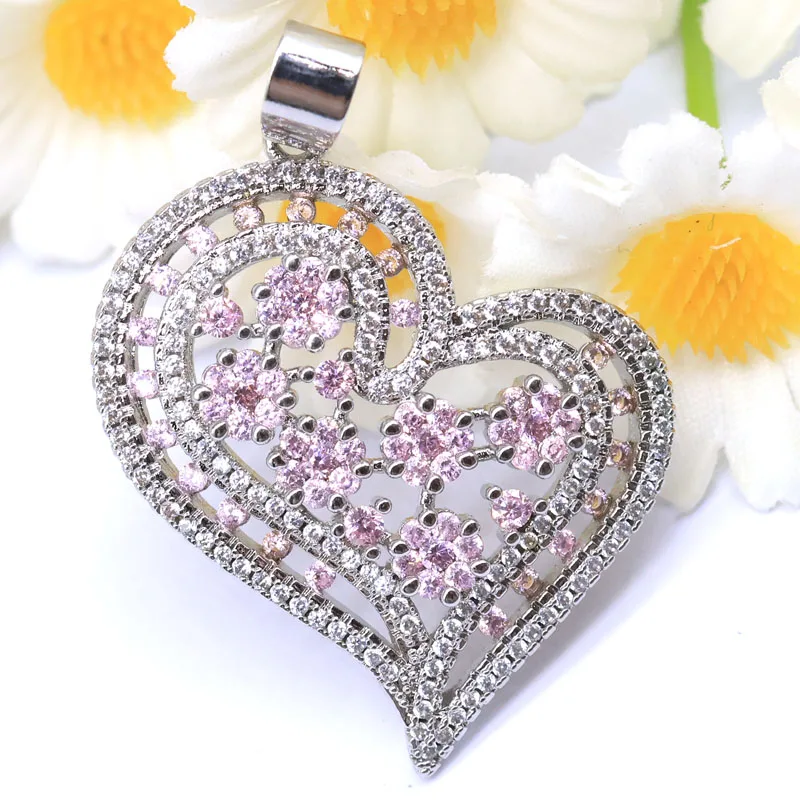 Buy 5 Get 1 Free 42x29mm Big Heart Shape 6.4g Pink Kunzite White Sapphire Women Present Silver Pendant