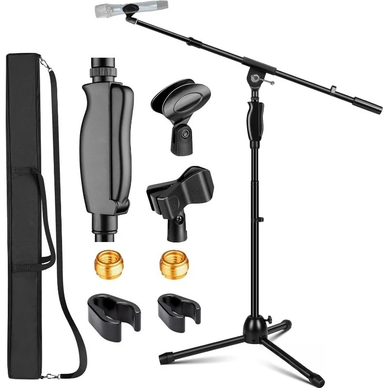 

Tripod Microphone Stand: Boom Arm One-Button Release Floor Mic Stand Portable With Carrying Bag And 2 Mic Clips