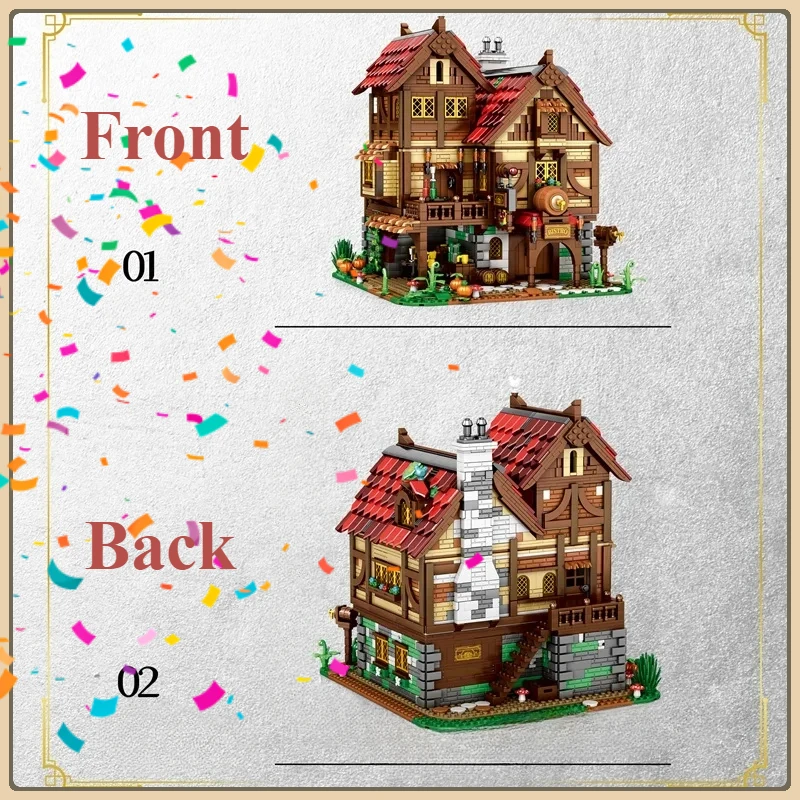 Modello di bistrot medievale con vista stradale europea Taverna Set di blocchi di costruzione Architettura Ornamento da scrivania Regalo di Natale per bambini