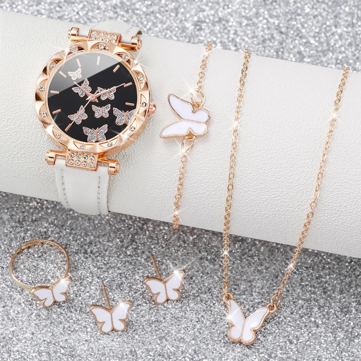 6pcs/Set Women's Watch Minimalist Butterfly Jewelry Set Academy Style Leather Quartz Watch