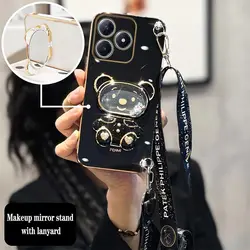 C63 Cute Raccoon Makeup Mirror Plating Phone Holder Case For Realme C63 C55 C53 C51 C65 C67 C61 Shatterproof Soft Back Cover