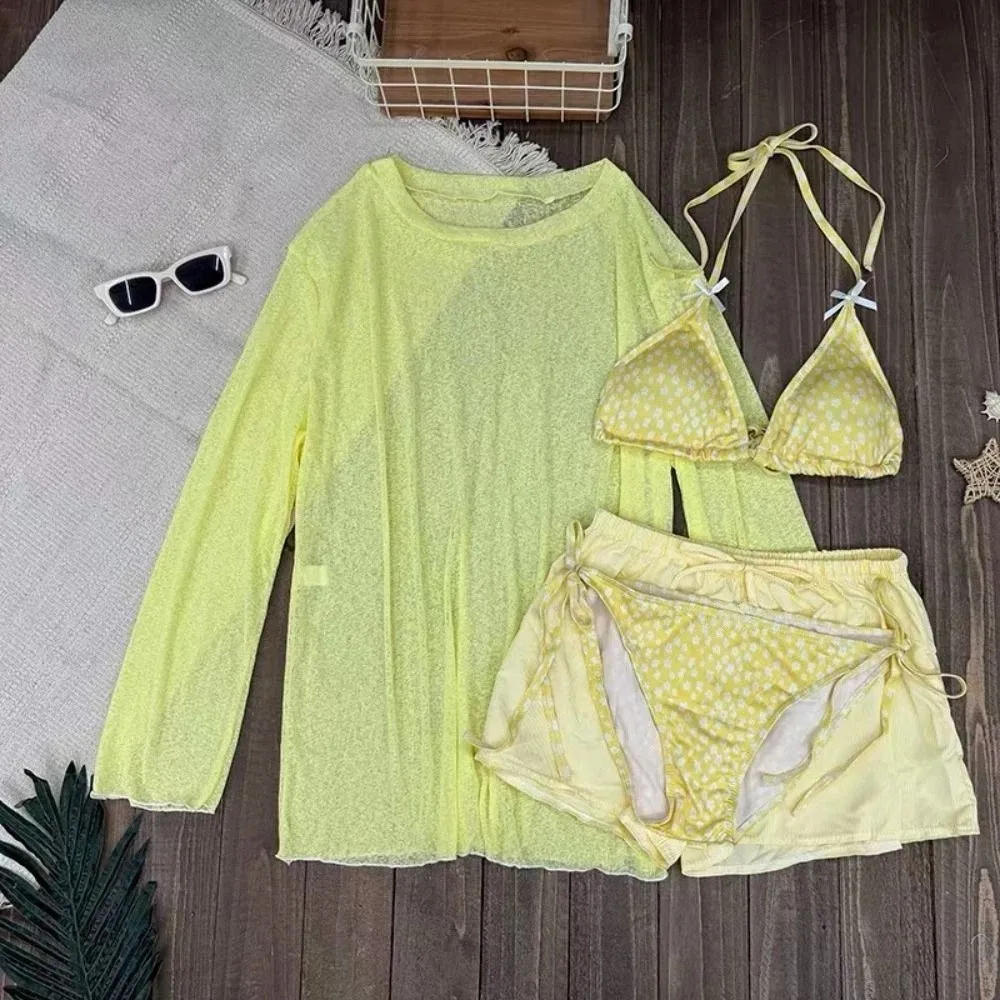 Lace-up Women's Swimwear Set Mesh Transparent Sun Protection 4Pieces Bikini Swimsuit Beachwear Loose Long Sleeve Swimsuit Party