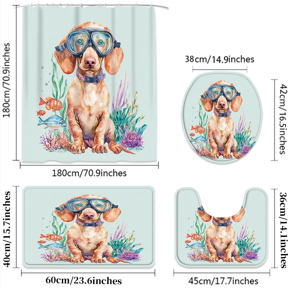 Artistic Watercolor Dog Shower Curtain Tropical Underwater Ocean Puppy Bath Curtain Cute Sea Life Pet Bathroom Decor for Dog Lov