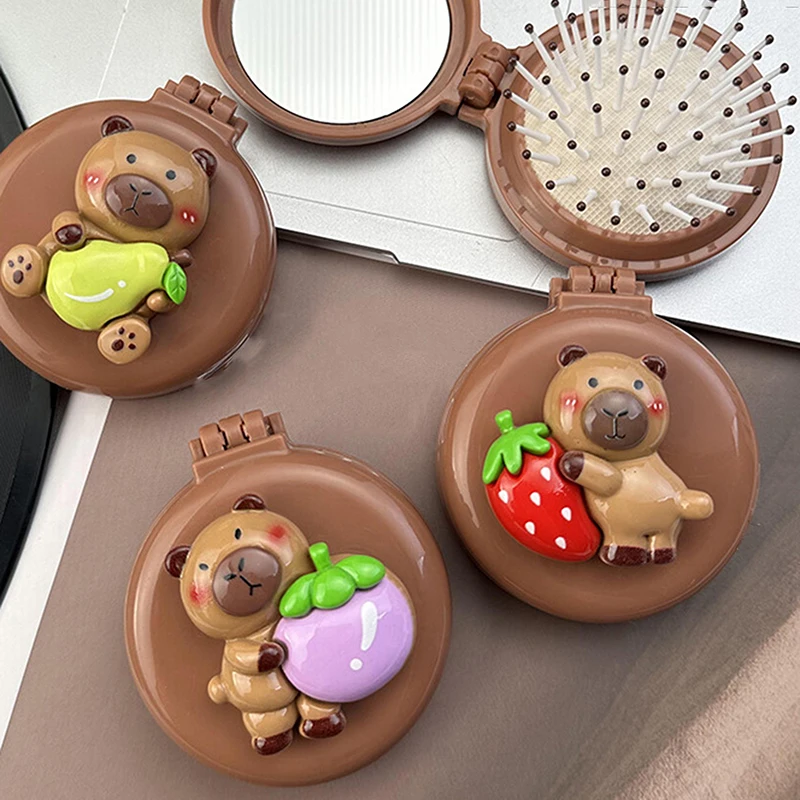 Cute Capybara Folding Massage Comb With Mirror Head Massage Airbag Comb Anti-Static Portable Travel Girl Hair Combs Styling Tool