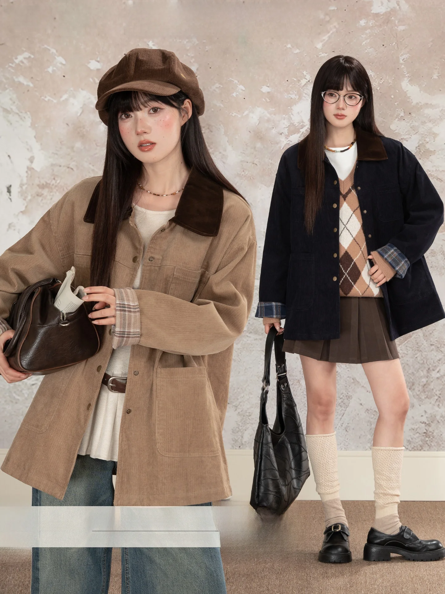 

Loveheynew: Новая женская свободная повседневная куртка-пальто в стиле ретро с клетчатыми вставками из вельвета, на пуговицах, с длинными рукавами, для осени и зимы