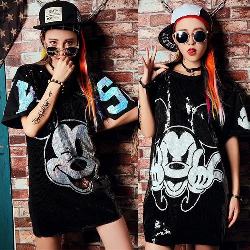 Imagen 1 del producto Vestido de talla grande de verano para mujer, ropa de calle de manga corta con estampado de Mickey, vestidos informales holgados con lentejuelas y cuello redondo para fiesta y discoteca