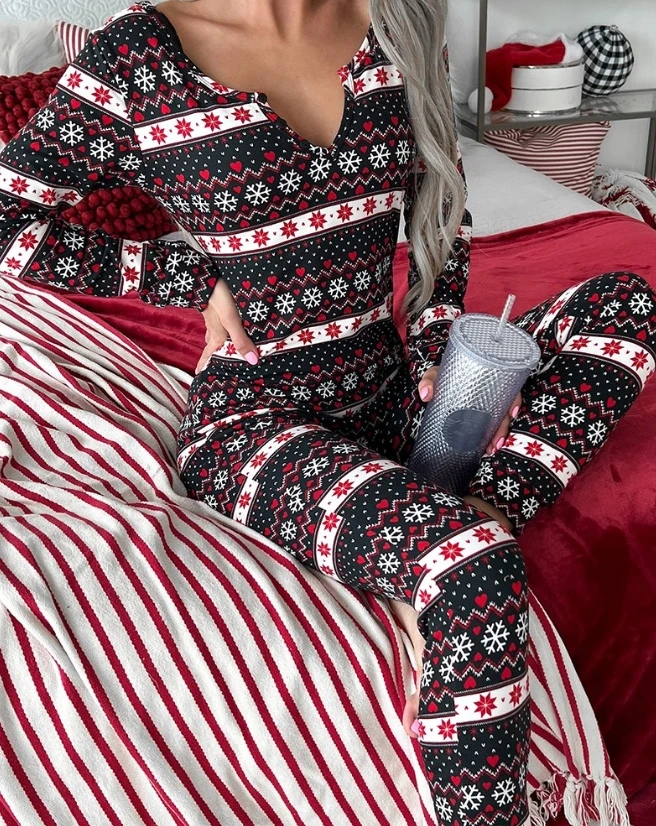 Fashion Pajamas for Women Casual Home 2023 Autumn Sleepwear Snowflake Fair Isle Print Notch Neck Sleep Onesie Jumpsuit Clothes