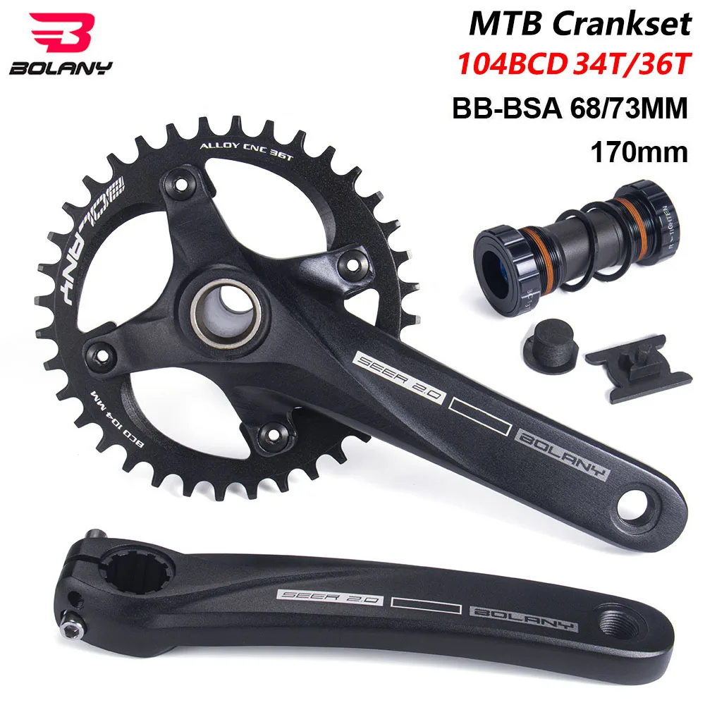 BOLANY-Mountain Bike Crank Set, Hollow One Piece Axle, 104BCD, 170mm, BB91 Bottom, 32T, 34T, 36T