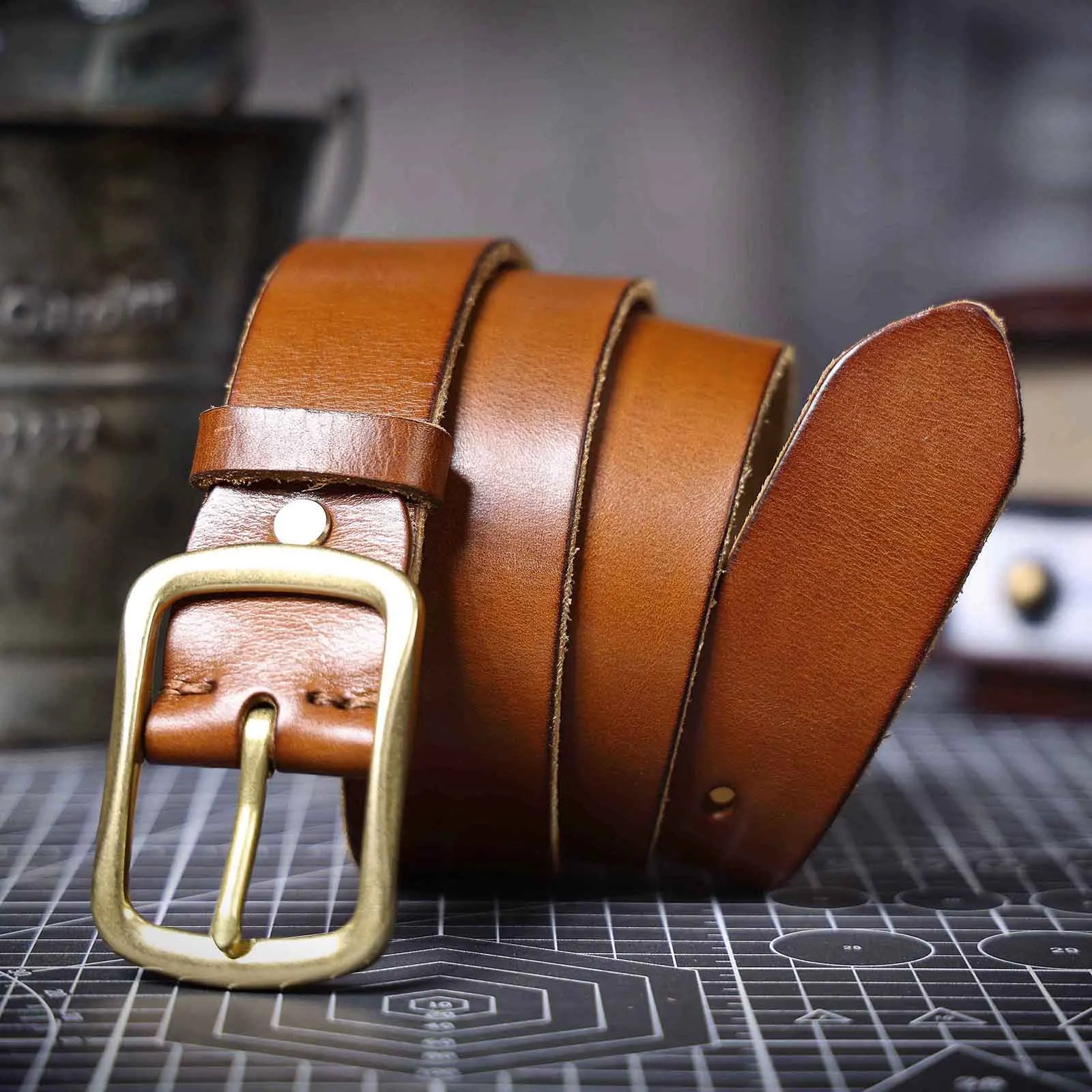 Vintage Echtleder-Herrengürtel mit Kupferschnalle, Handgefertigter Casual-Gürtel mit Geschenkbox, Verstärkter Oberleder-Gürtel aus Italien – Detail 30