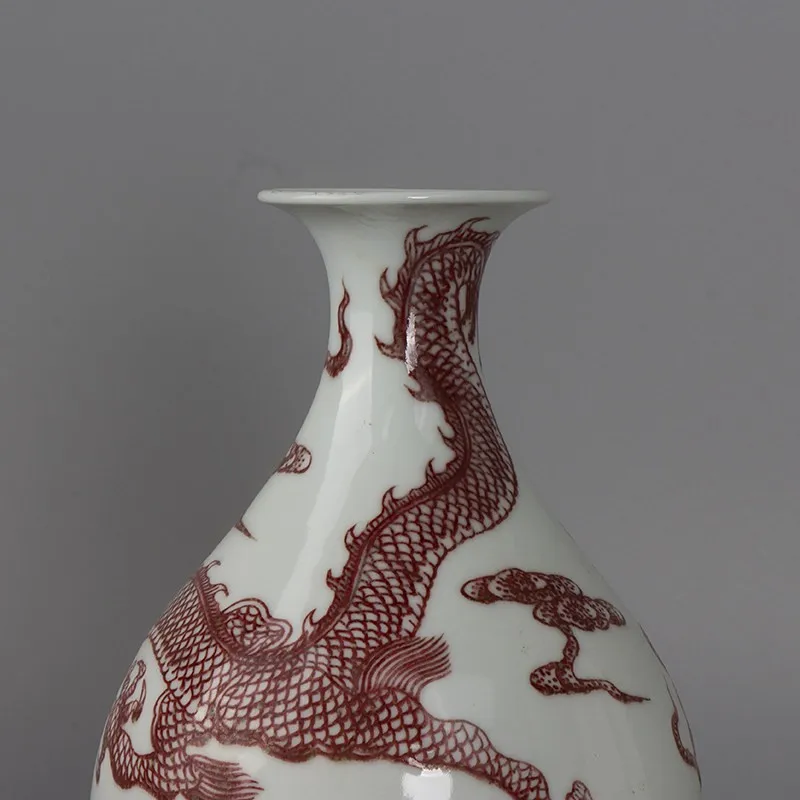 7.87 inch Chinese Qing Kangxi Underglaze Red Porcelain Dragon Pattern Vase Jade Pot Spring Bottle