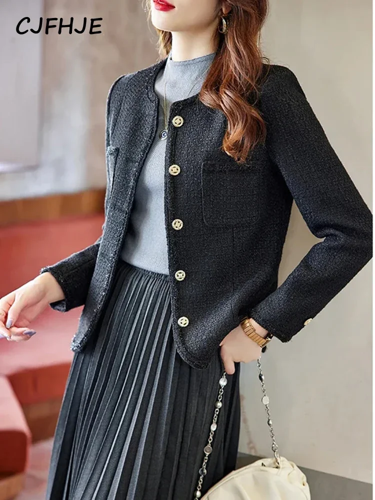 CJFHJE Ivory Fashion Metal Buttons Tweed Coats Women Vintage Long Sleeve Pockets Female Outerwear Black O-neck Elegant Blazers