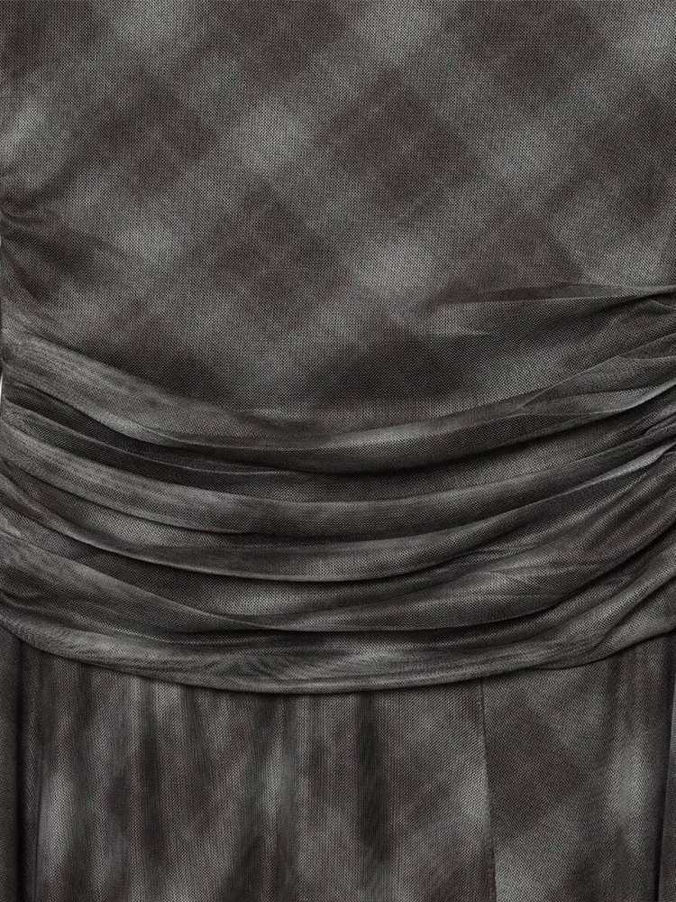 النمط الأوروبي والأمريكي الخريف موضة جديدة الملابس النسائية غير النظامية مطوي مزاجه سليم فستان منقوش من التول #5