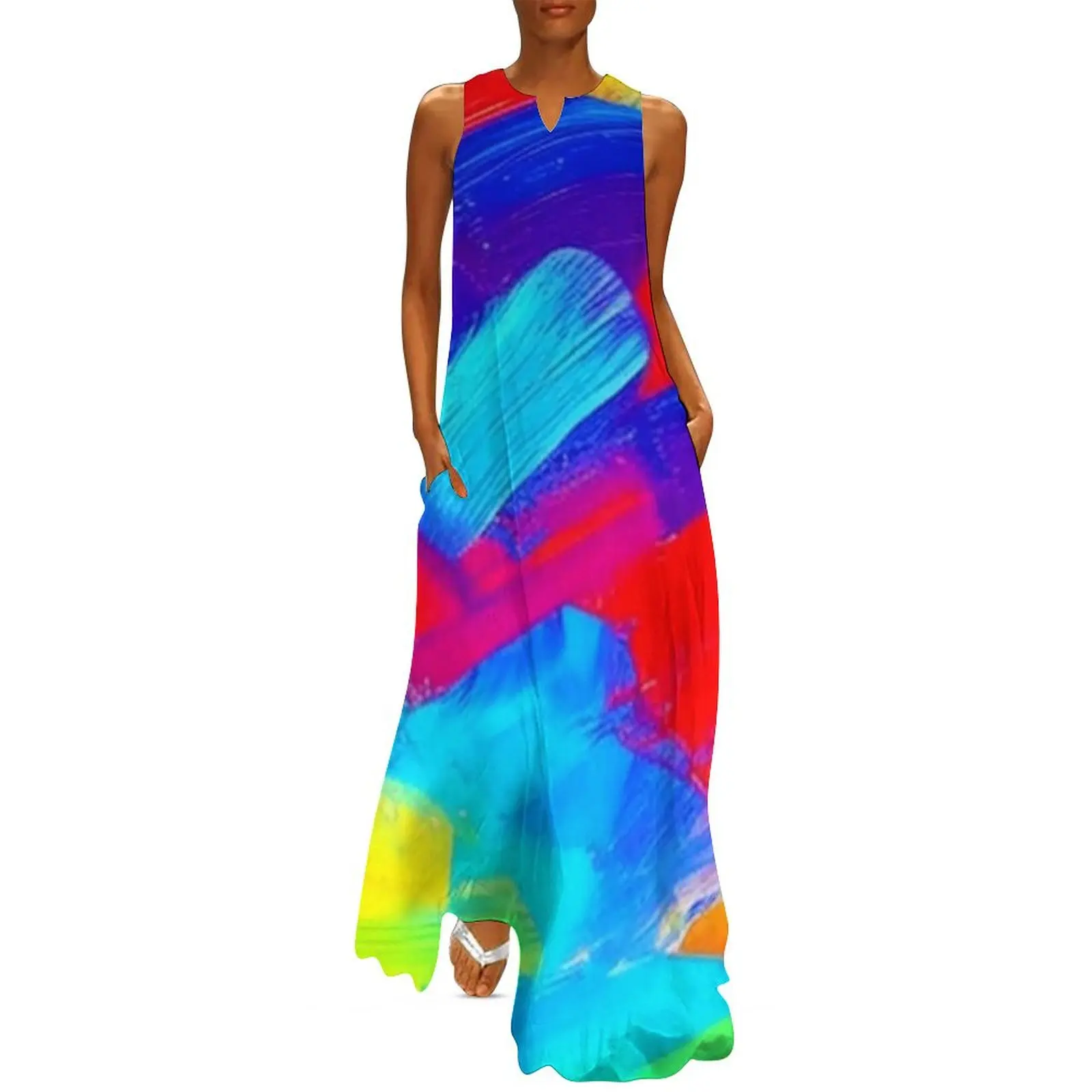 Abstract Paint Brush Dress Spring Red Blue Yellow Street Fashion Boho Beach Long Dresses Women Vintage Maxi Dress Gift