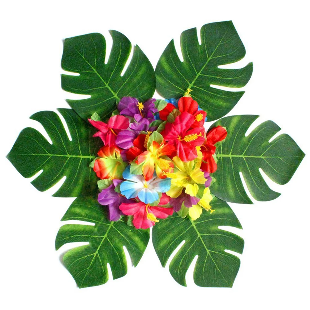 

30Pcs Artificial Tropical Simulation Leaves Hibiscus Flower Set Polyester Material Party Decoration Hawaiian Luau Wedding