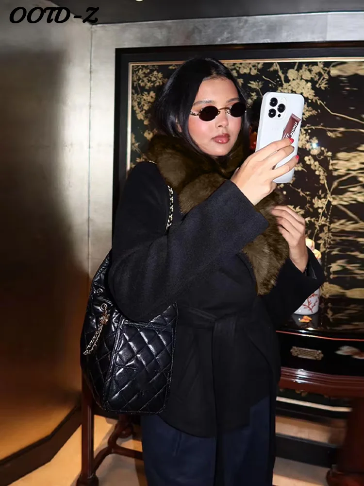 أنيقة فو الفراء الدانتيل يصل معطف الصوف المرأة شال طوق مربوط الخصر كم كامل معاطف الإناث الخريف الشتاء سيدة الموضة أبلى