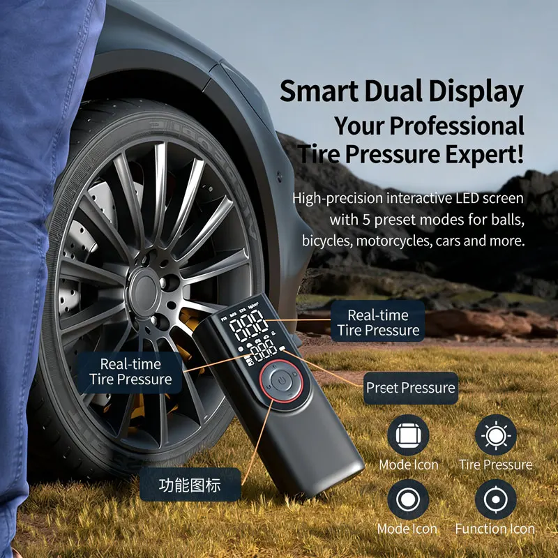 

Насос для подкачки шин + Power Bank + LED-фонари, портативный воздушный компрессор, воздушный насос для автомобильных шин, насос для мотоциклов, мячей, велосипедов