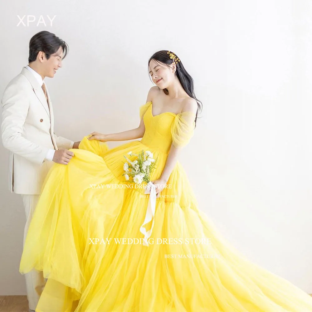 XPAY Fairy Sweetheart Yellow Korea Colorful Wedding Dresses Off Shoulder Floor Bridal Gown Photo Shoot A Line Corset Bride Dress