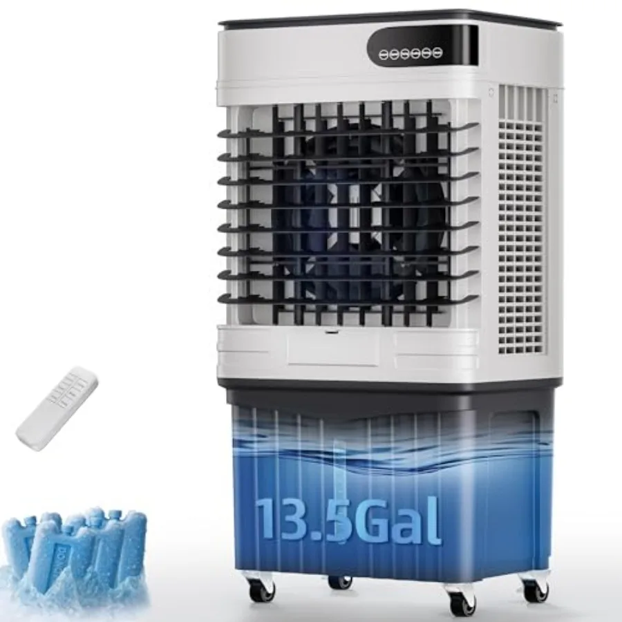 

Испарительный охладитель воздуха Swamp Cooler 3600CFM с баком для воды на 13,5 галлонов, 4 охлаждающими элемента, 3 режимами скорости, 12-часовым таймером, 120-градусным вращением.