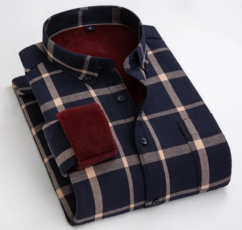 Men's warm and velvet shirts in autumn and winter fashion casual plaid business formal cotton shirts