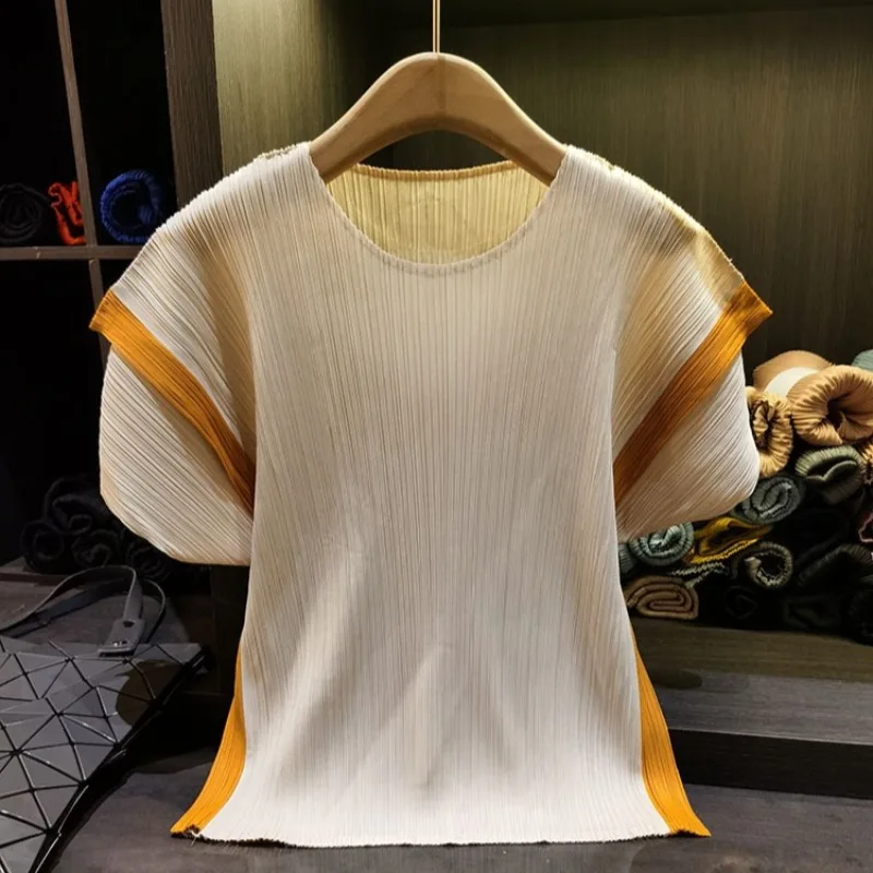 Miyake Pleated T-Shirt 2026 Summer New Casual Simple Elegant Short-Sleeve Women's Lightweight Stretchy Draped Comfortable Top