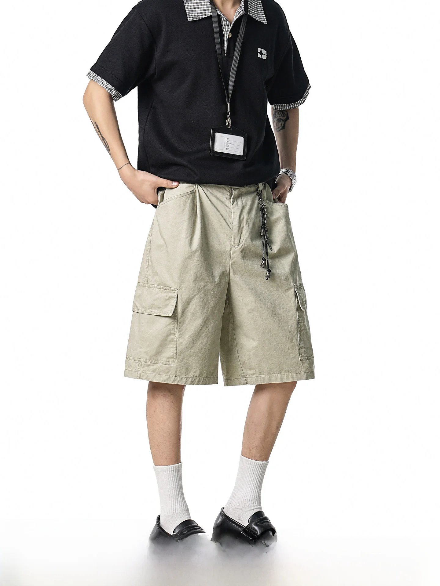 American Retro Workwear Short Pants Men's Summer Straight Leg Outdoor Wear Five-Quarter Pants with Big Pockets Casual Cotton