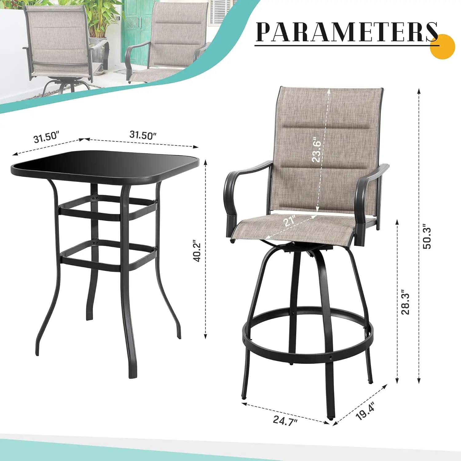 Vongrasi5 ชิ้น Patio ชุดบาร์หมุน,All Weather โลหะ Textilene เก้าอี้บาร์หมุนสูงชุดเก้าอี้ 4 และโต๊ะบาร์กระจกสูง