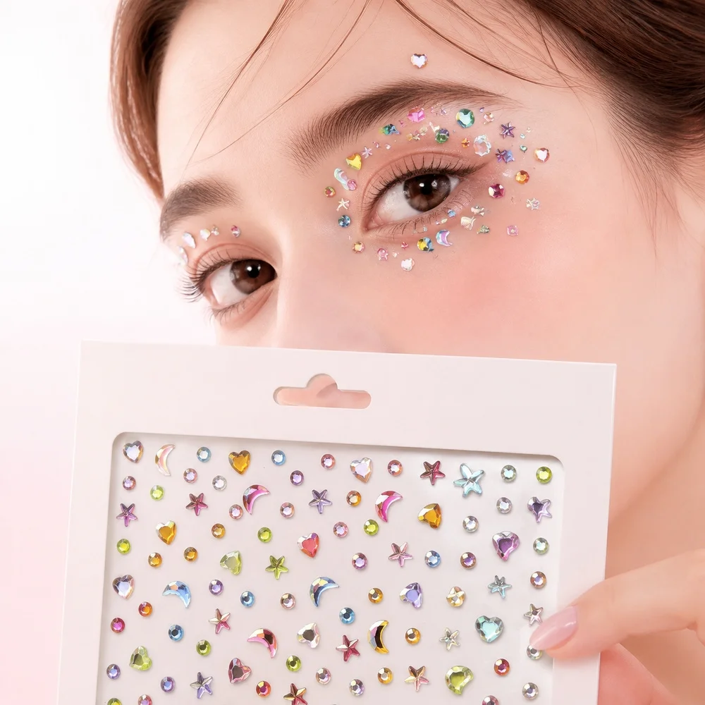 1Pc Women Party Face Gem Sticker Mixed Moon Star Heart Colorful Crystal Self‑Adhesive Rhinestone Decal For Body Eye DIY Decor